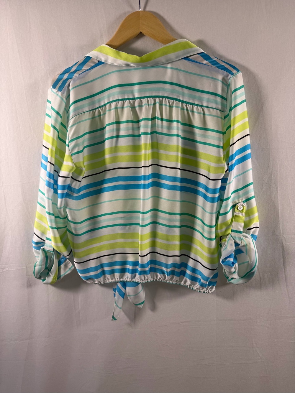 Vince Camuto Blue Green White Striped Tie-Front Button Shirt - Picture 3 of 3